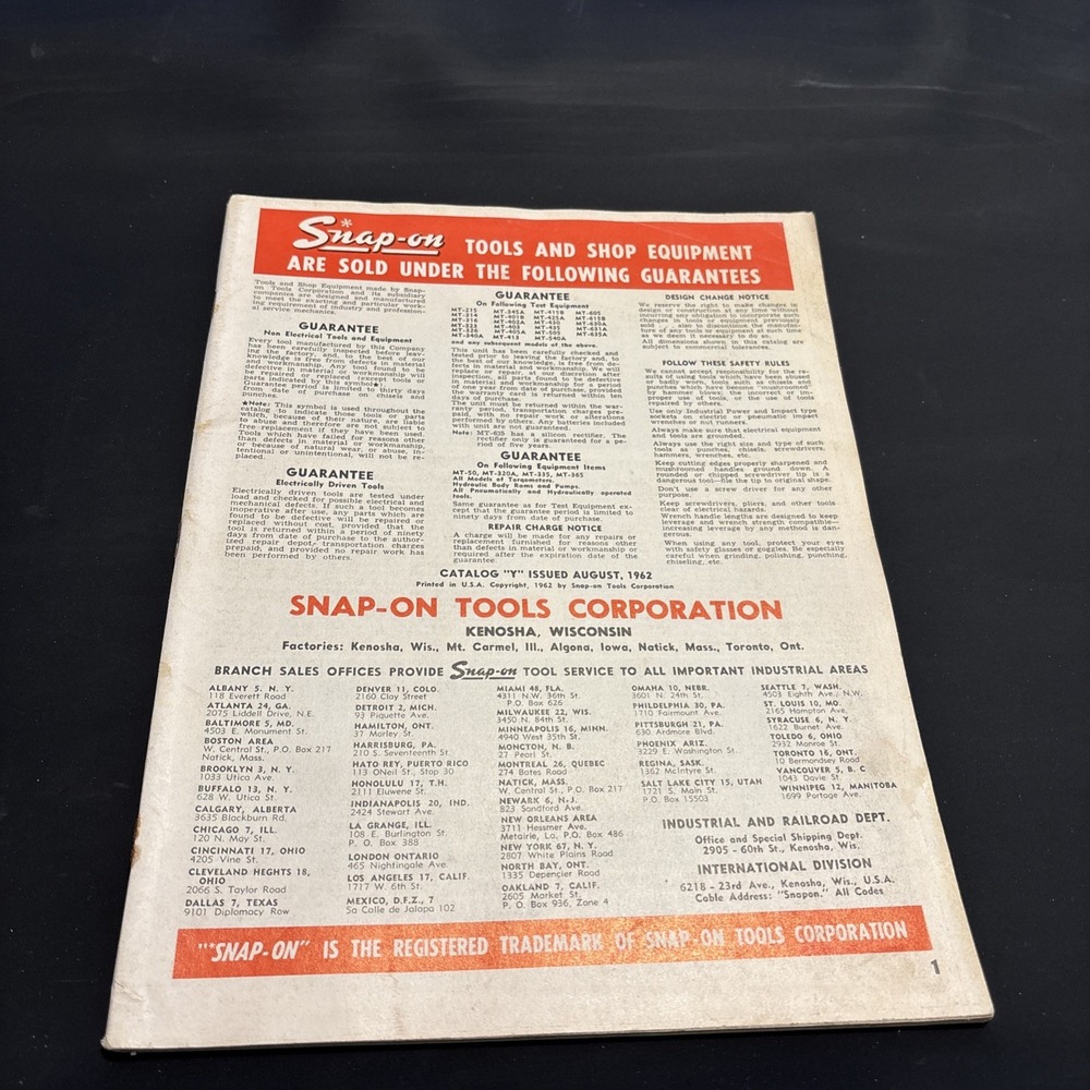 Vintage August 1962 Snap-on Tools Catalog Y Tool Equipment Automotive Mechanics